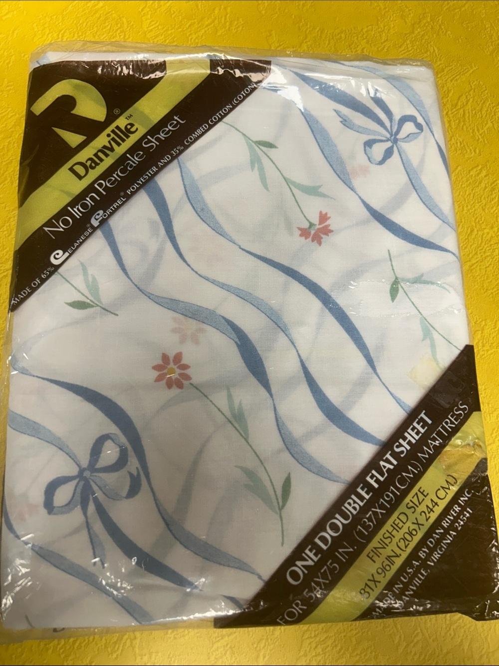 Danville One Double Flat Sheet – White with Blue Ribbon Floral